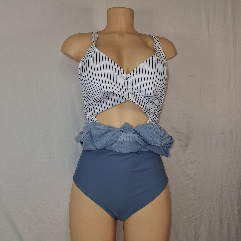 B2 PRITY New Striped Halter Swimsuit with Blue Skirt size M - Picture 10 of 16